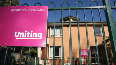A view of the Uniting NSW.ACT signage at the Aldersgate residential aged care facility in Lilyfield, NSW.
