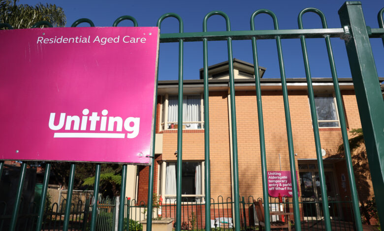 A view of the Uniting NSW.ACT signage at the Aldersgate residential aged care facility in Lilyfield, NSW.