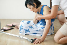 Elderly woman falling down at home ,hearth attack.