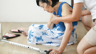 Elderly woman falling down at home ,hearth attack.