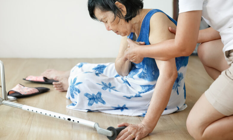 Elderly woman falling down at home ,hearth attack.
