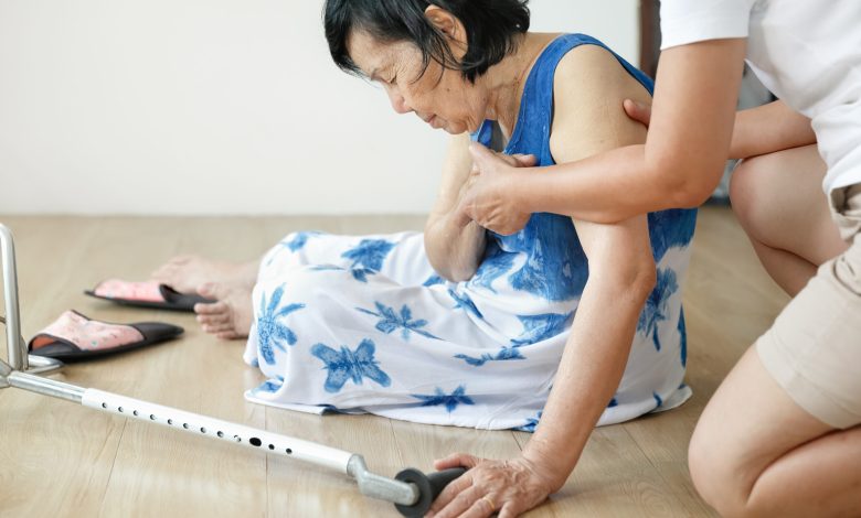 Elderly woman falling down at home ,hearth attack.
