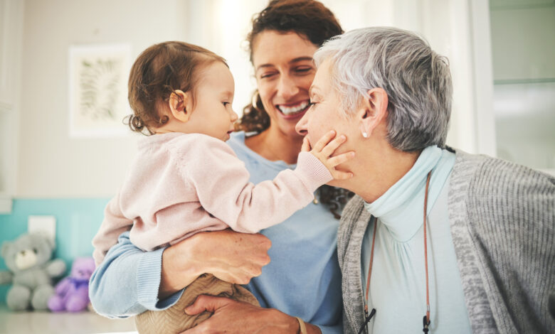 Grandmother, mother and baby in home for playing, quality time and bonding together in living room. Love, happy family and mom carrying child with grandma play for loving, affection and happiness