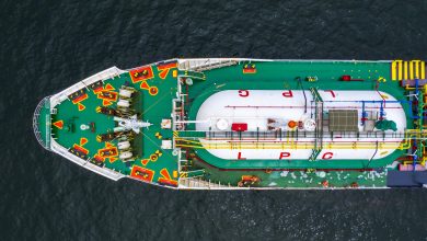Ship tanker gas LPG, Aerial view Liquefied Petroleum Gas (LPG) tanker, Tanker ship logistic and transportation business oil and gas industry.