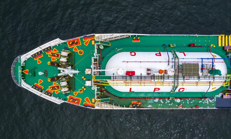 Ship tanker gas LPG, Aerial view Liquefied Petroleum Gas (LPG) tanker, Tanker ship logistic and transportation business oil and gas industry.
