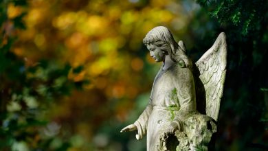 Weathered stone sculpture of an angel in a cemetery