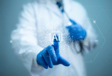 Health care and medical AI technology services concept.Medical worker touch virtual medical revolution and advance of technology Artificial Intelligence and technology for future Health