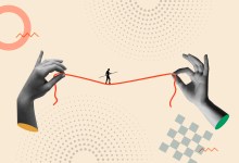 Man doing tightrope walk and human hands holding the rope in a 80s retro collage vector illustration. Contemporary art concept for financial risk, work challenge and dangerous business.