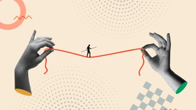 Man doing tightrope walk and human hands holding the rope in a 80s retro collage vector illustration. Contemporary art concept for financial risk, work challenge and dangerous business.