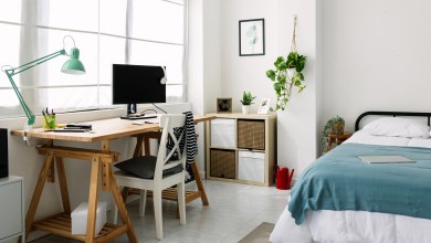 Cozy interior teenage person room with bed and desk