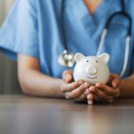 Nurse or doctor with stethoscope holding piggy bank in hand. Concept of medical expenses, finance, saving money, health insurance, medicine, donation and pension. Healthcare service cost.