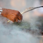 Human hand hold wooden dish and feather at the smoke ritual rite at a indigenous community event in Australia