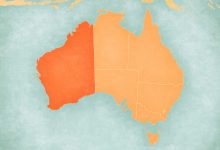 Western Australia on the map of Australia in soft grunge and vintage style, like old paper with watercolor painting.