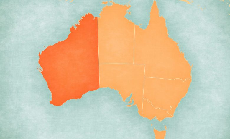 Western Australia on the map of Australia in soft grunge and vintage style, like old paper with watercolor painting.