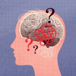 Indecision, confusion concept collage vector illustration. Human head silhouette with brain concept illustration.