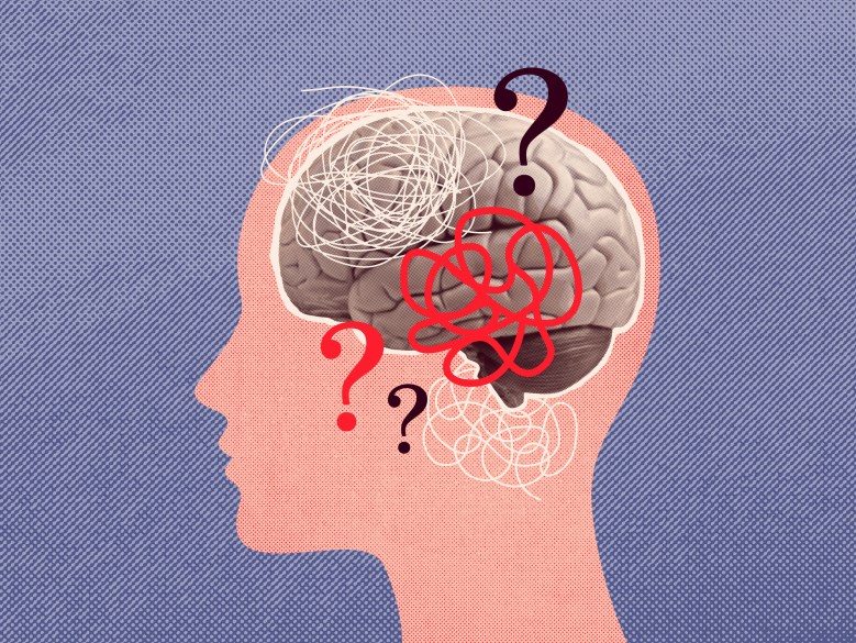 Indecision, confusion concept collage vector illustration. Human head silhouette with brain concept illustration.